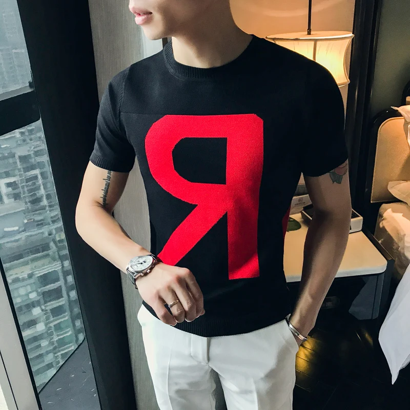 

Summer Round Neck Short Sleeve Knitting T Shirt Casual Letter R T-Shirts Fashion Streetwear Slim Fit Homme Camisetas Hombre