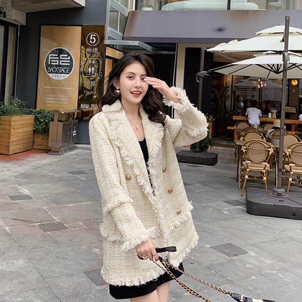 2023 Autumn New Korean Style Loose Small Suit Female Elegant Tweed Small Fragrance Wind Design Sense Niche Temperament Jacket