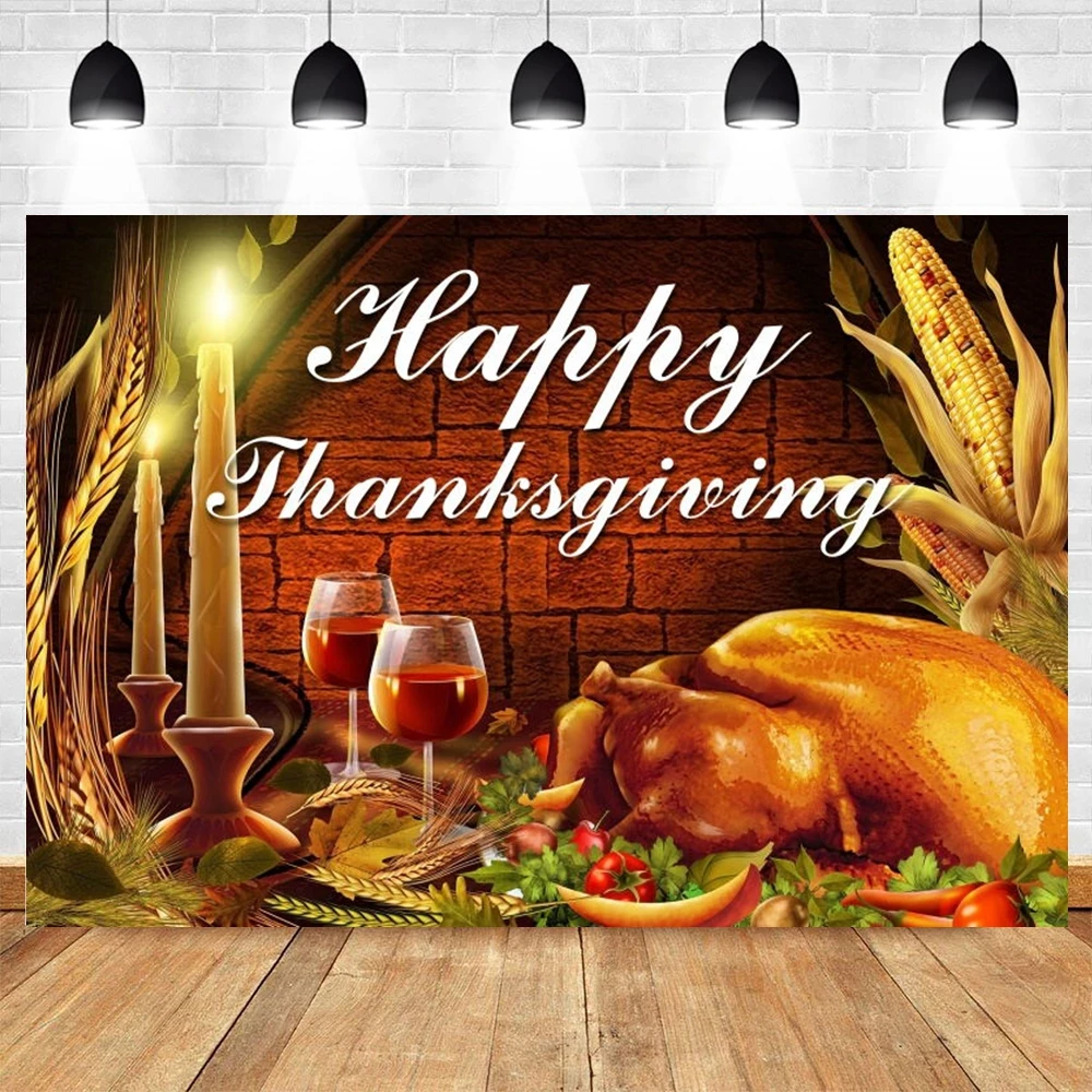 

Happy Thanksgiving Backdrop Turkey Autumn Corn Wheat Photography Background Harvest Season Banner Photo Booth Prop Decoration