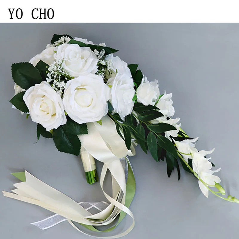 YO CHO Rosa Di Seta di Nozze Bouquet Sposa Mano Tenere Fiore Della Decorazione Del Partito di Festa di Alimentazione Europeo Cascata Rose Bouquet Da