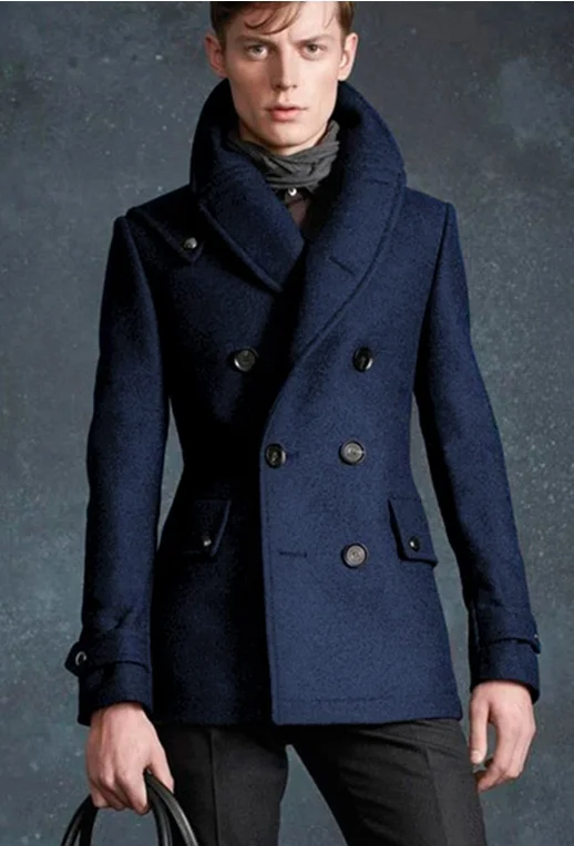 Men\'s woolen coat Paris show handsome military style double row autumn and winter youth mid-length woolen trench coat