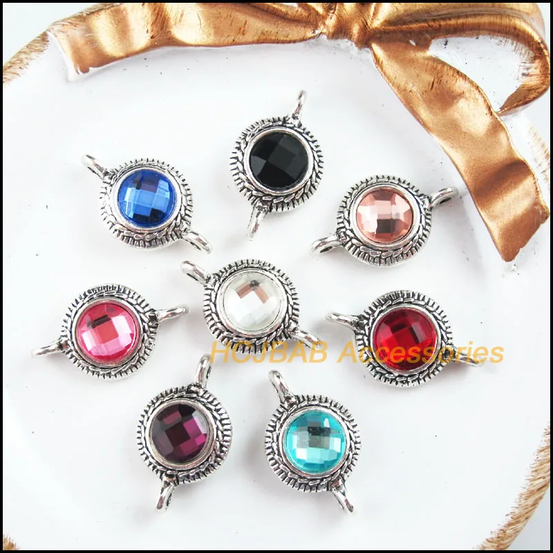 

8 New Flower Charms Tibetan Silver Tone Retro Round Mixed Crystal Connectors 13x22.5mm
