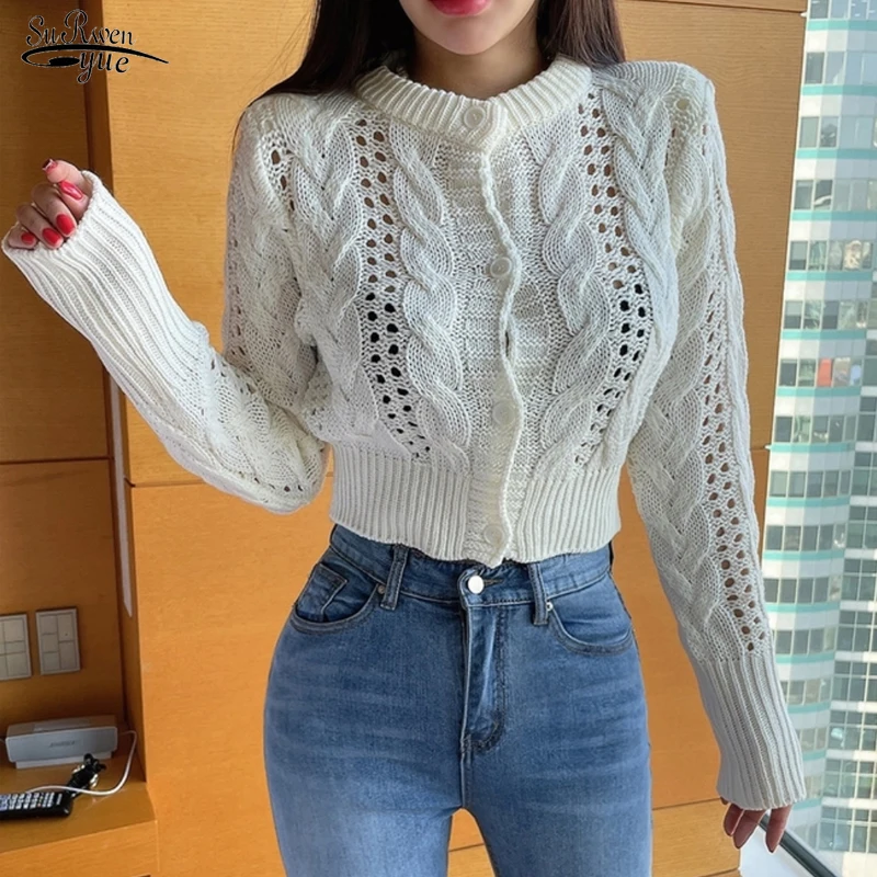 

Autumn Fashion Pure Wool Women's Sweater Hollow Retro Knit Cardigan Woman Long Sleeve Warm Jacket Sweater Mujer Invierno 16040