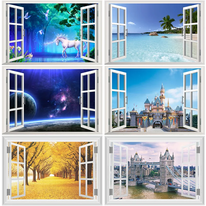 

3d Window Wall Stickers For Living-room Bedroom Study Room Home Decor Scenery Sea Hill Animal Forest Space Pvc Mural Art Decals