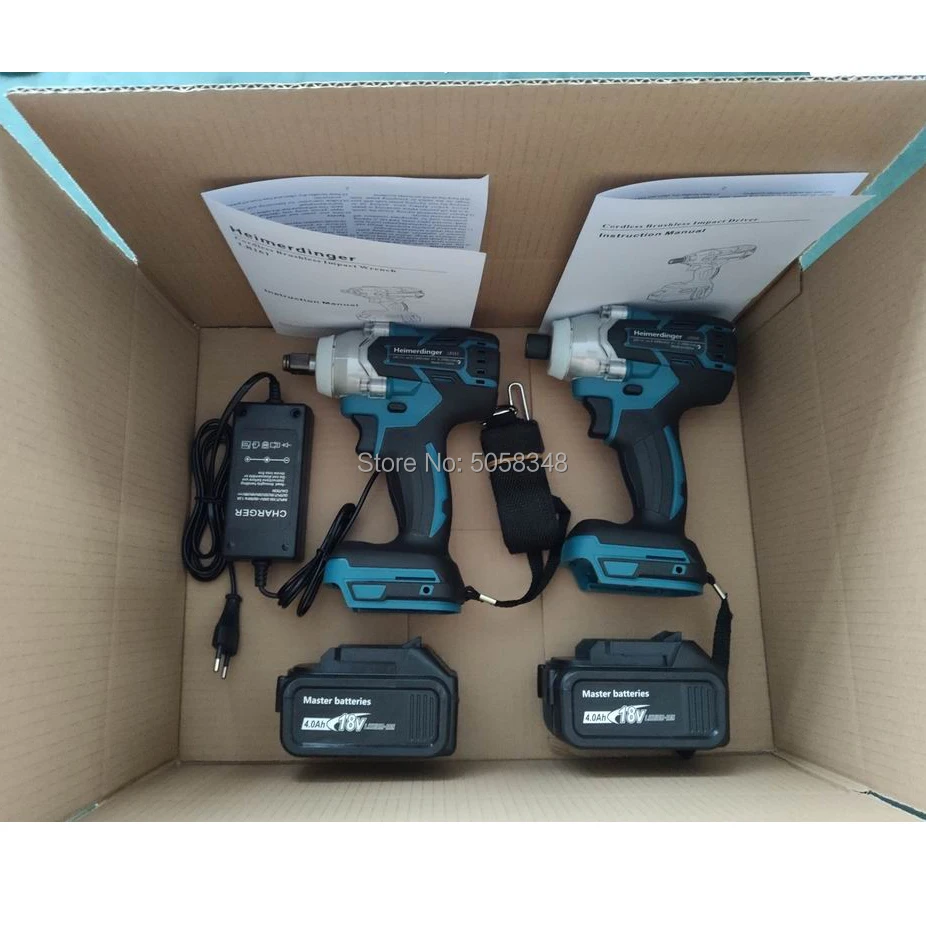 Elektrische Oplaadbare Borstelloze Slagmoersleutel Draadloze En Borstelloze Impact Driver Boor Combo Met Twee 18V 4.0Ah Batterij