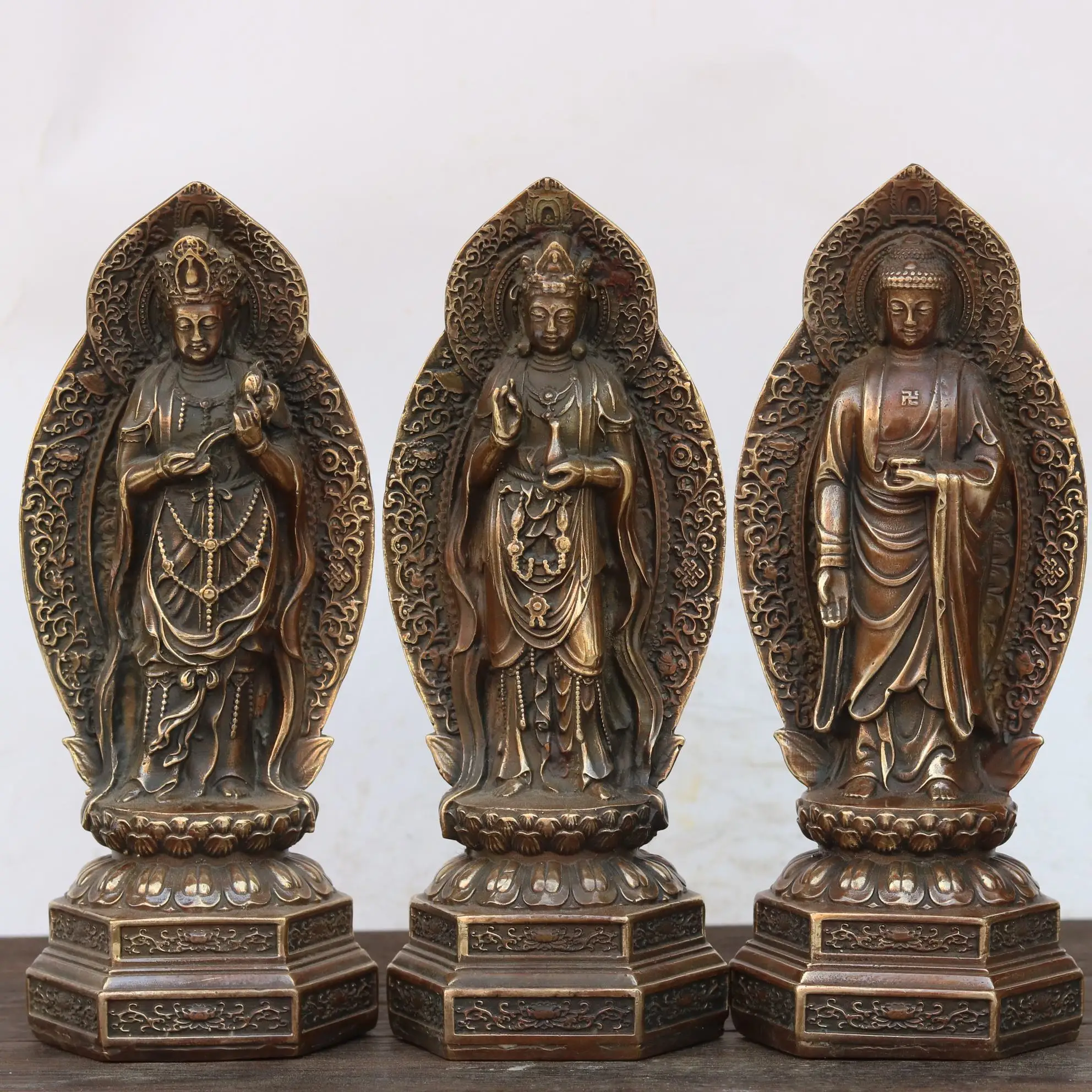 

8"Tibetan Temple Collection Old Brass Three Sages Shakyamuni Buddha Guanyin Bodhisattva statue 3 standing Buddhas