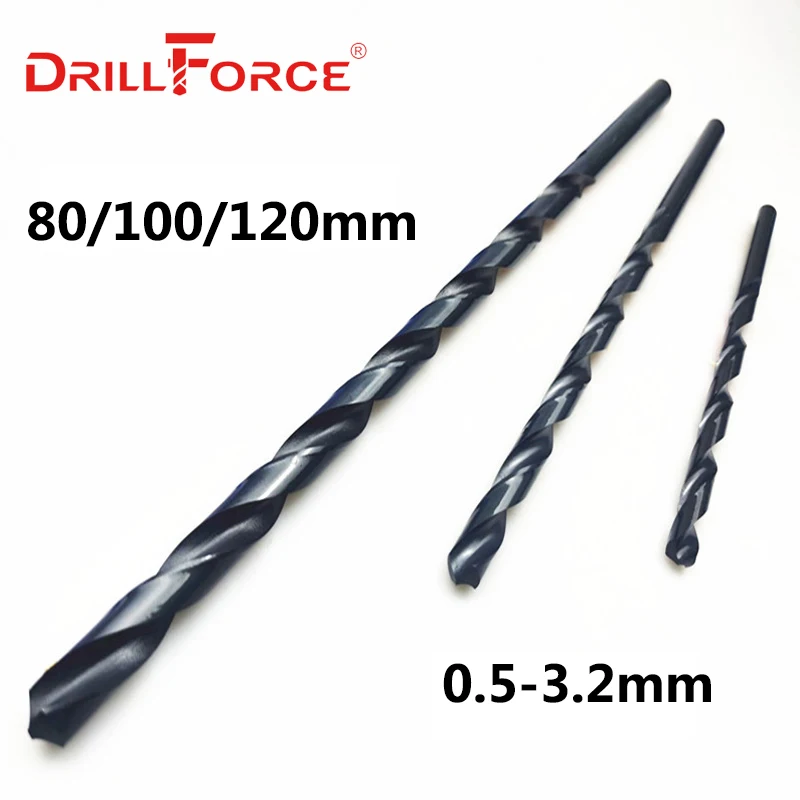 Drillforce Tools 0.5mm-3.2mm HSS M2 Black Oxide 80/100/120mm Long Twist Drill Bits For Metalworking Alloy Steel & Cast Iron