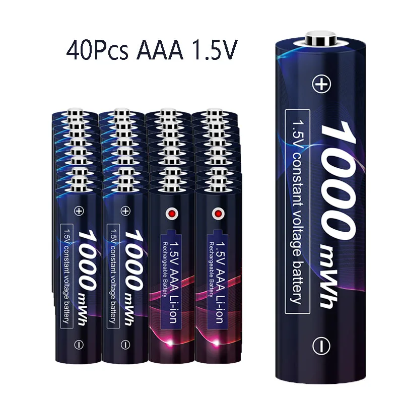 40pcs AAA 1.5V Battery Rechargeable 1000mWh 1.5V AAA Lithium Battery AAA 1.5V with LED Charger for 1.5V Lithium AA AAA Battery