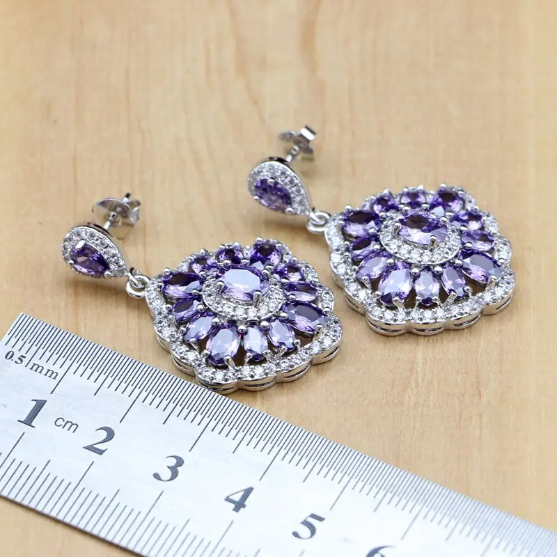 Ethnic Silver 925 Jewelry Purple Zirconia White Crystal Jewelry Sets For Women Wedding Earring/Pendant/Necklace/Ring