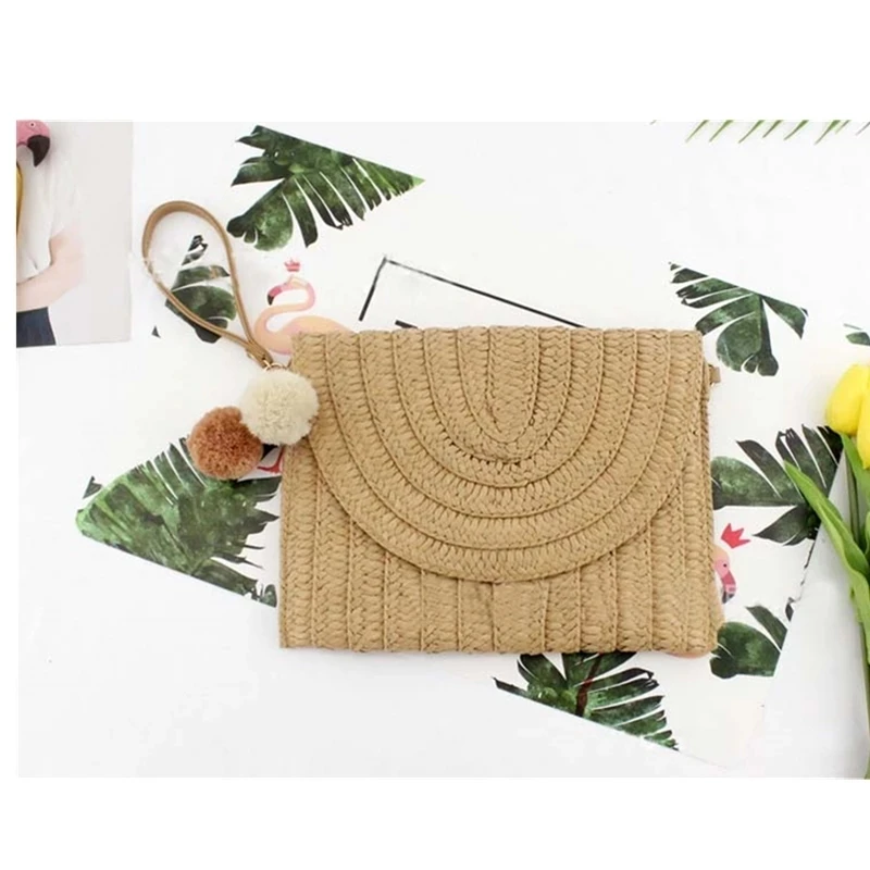 Bolsa de palha de vime boho feminina, bolsa quadrada tecida, mensageiro com aba, embreagem para férias na praia, casual, verão