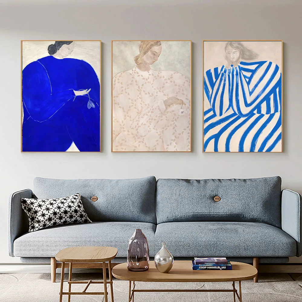Abstract Line Woman Geometry Curve Girl Wall Art Canvas Painting Nordic Poster Morden Blue Pictures For Livingroom Home Decor