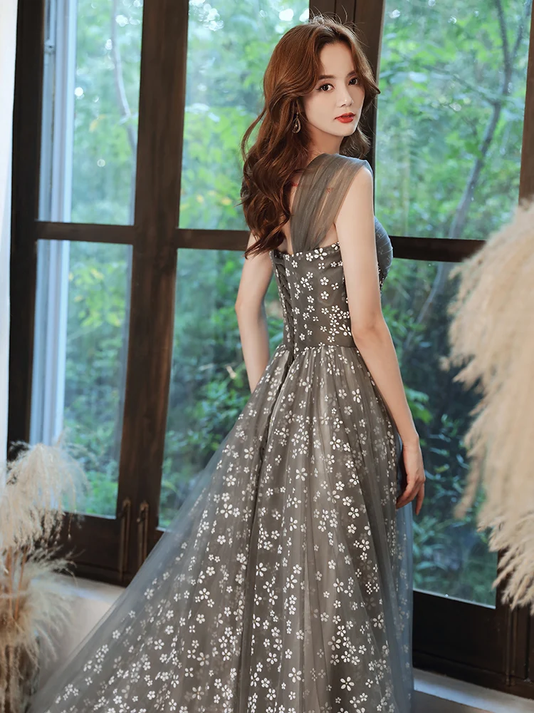 Elegant Banquet Evening Dress For Women 2021 Strapless Off The Shoulder Party Gown Gray Slim A-Line Long Dress Summer