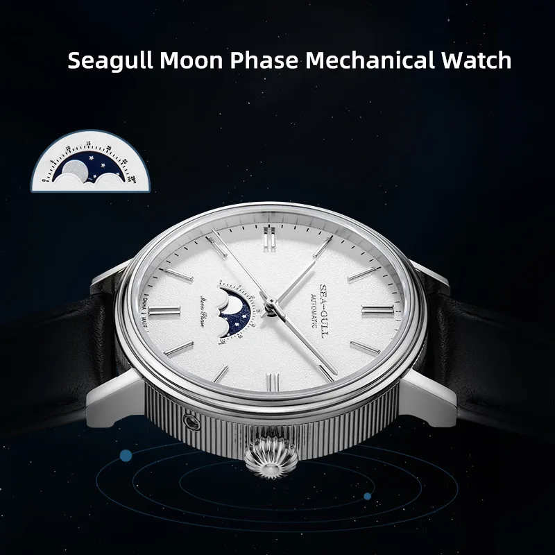 2023 New Seagull Automatic Mechanical Watch Moon Phase Leather Casual Business Wristwatch Mechanical Relojes Hombre 819.12.6136