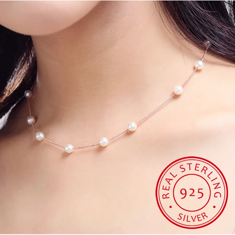 925 Sterling Silver Jewelry 12 PCS 6mm Pearl Box Chain Choker Necklace kolye collares bijoux femme S-N54