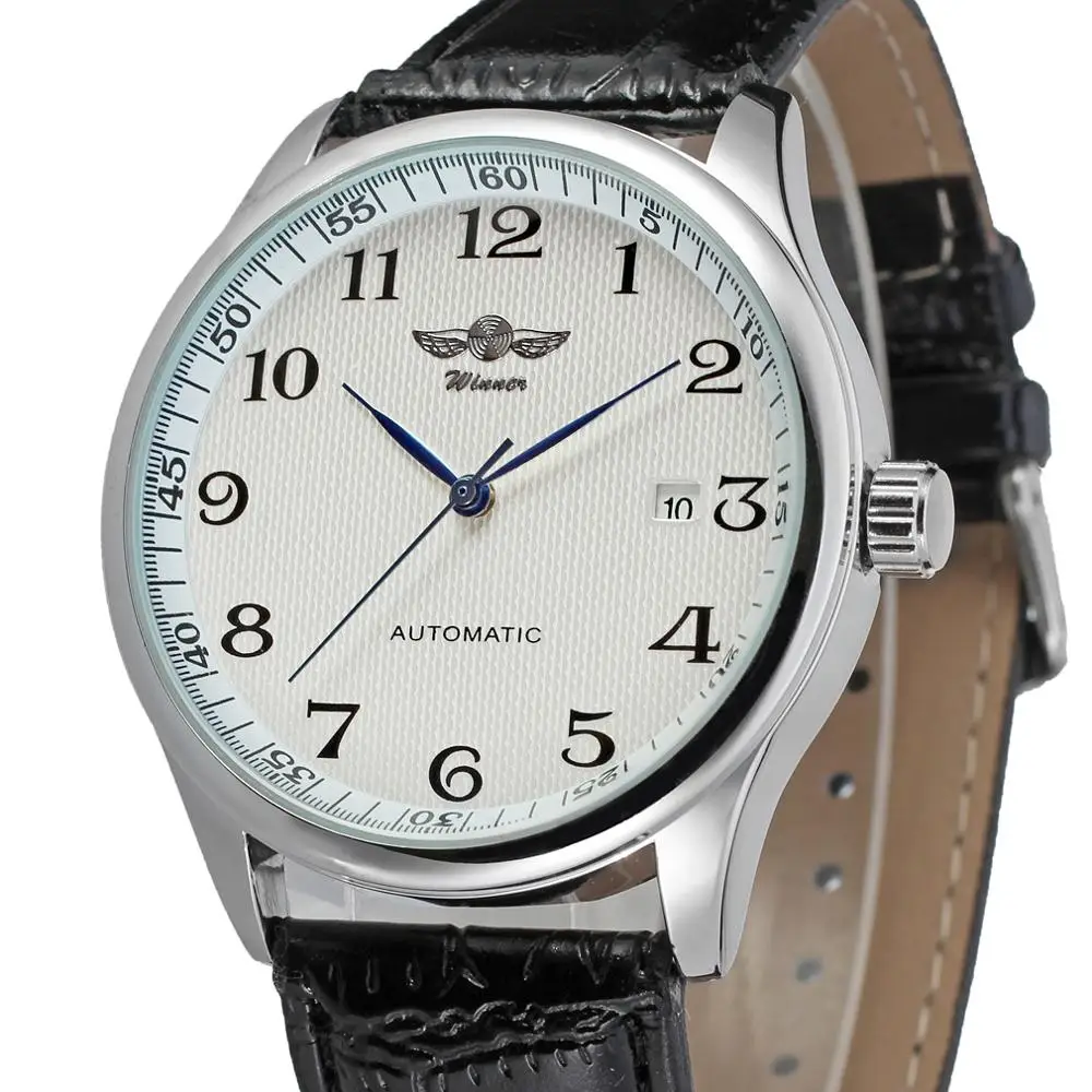 WINNER WATCH sleek minimalist white Arabic numerals dial with calendar low-key men's watch black belt mechanical watch