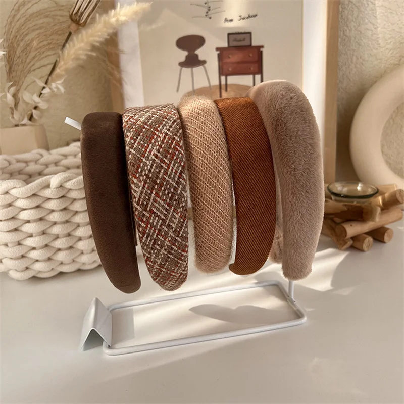 Winter Fashion Coffee Color Lattice Sponge Headband for Womens Girl Plush Wide Side Hairband Velvet Hair Hoop  Hair Accessories