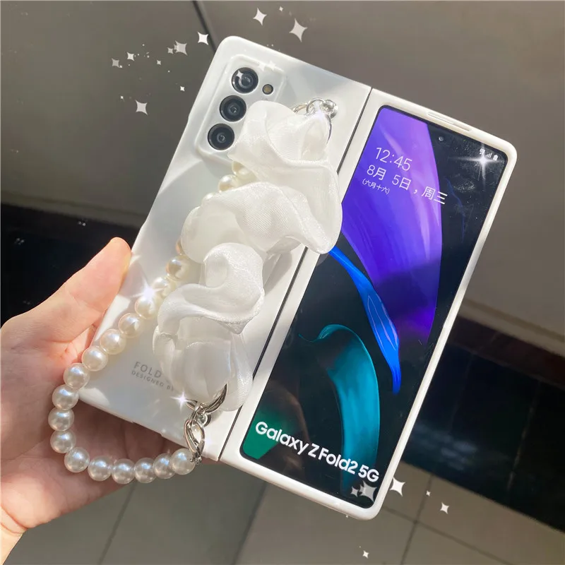 For Samsung Z Fold 6 5 4 3 2 5G Woman Luxury Fashion White Silk Hand Strap Bracket Case Cover With Long Short Pearl Chain