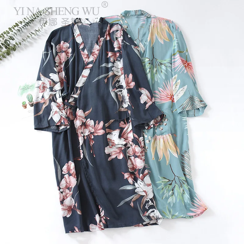 News Sleepwear Style Robe Thin Women Nightgown Flower Printed Half-sleeve Pajamas Bathrobe for Female Dress Gown Home Costomes