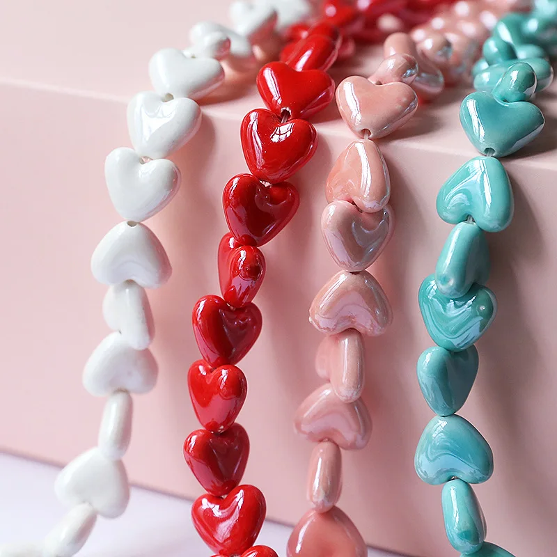 20pcs 15x13mm Heart Shape Ceramic Beads DIY Loose Spacer Bead For Jewelry Making  Red/White/Green/Blue/Pink/Yellow