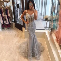 2024 Gray Silver Prom Dress Mermaid Spaghetti Strap V Neck Lace Beaded See Through Shiny Sexy Woman Evening Party Gown 2024