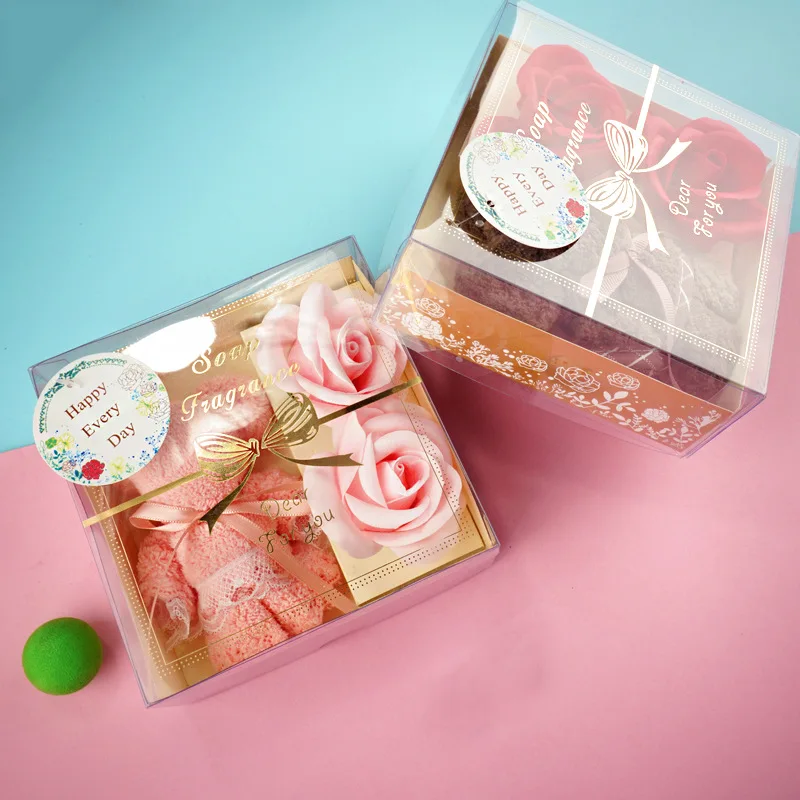Coral Fleece Bear Towel Set with Transparent Gift Box, Bathroom Towels, Soap Flower, Business Holiday, Christmas, Wedding Gifts