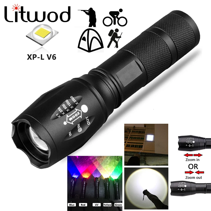 8000LM Powerful Zoomable Led Flashlight L2/V6 Waterproof Hunting Cycing Torch 18650 Or AAA Battery For Camping Light More Colour