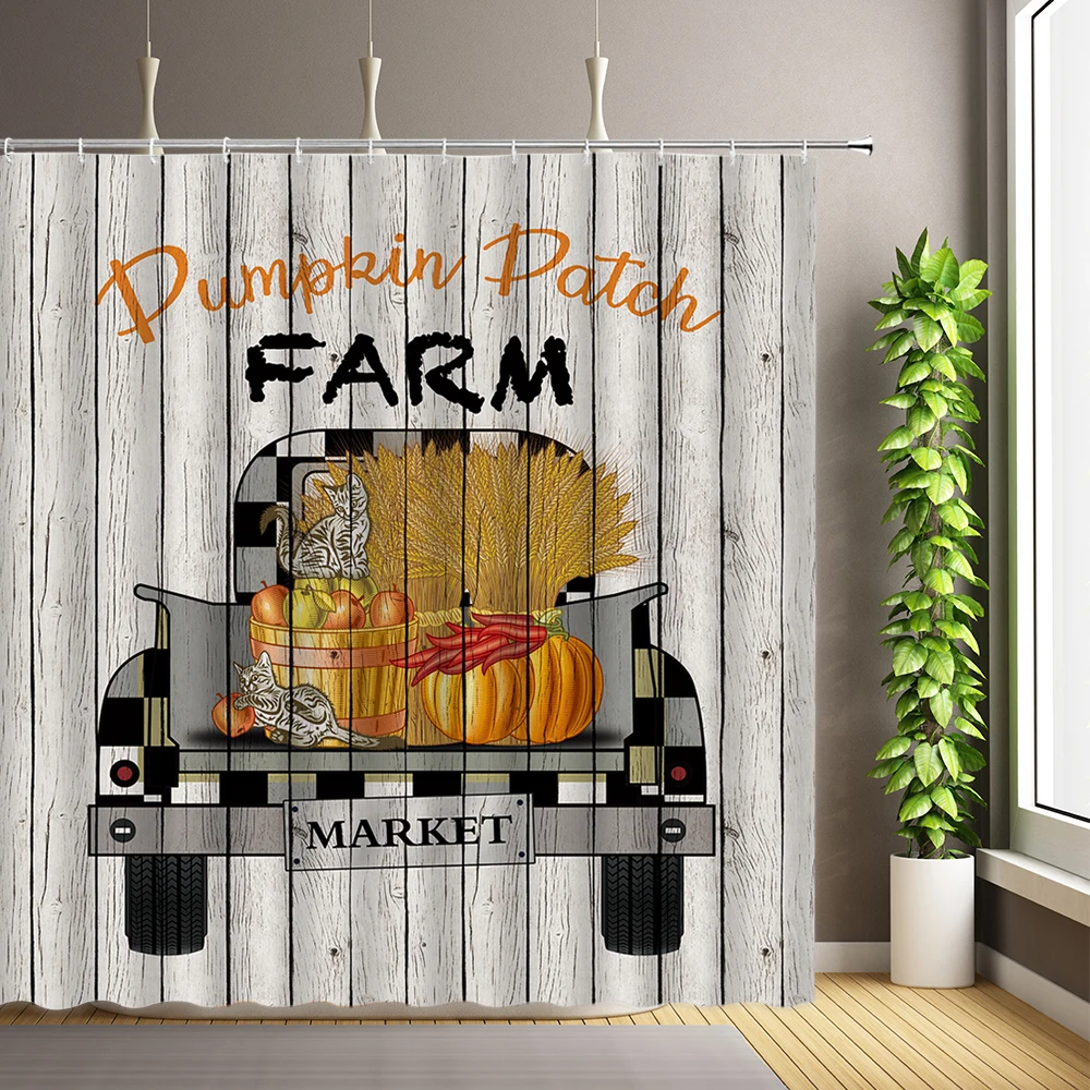 Farms Truck Pumpkin Shower Curtains Cat Wheat Flowers Autumn Maple leaf Wood Board Background Bathroom Decor Hanging Curtain