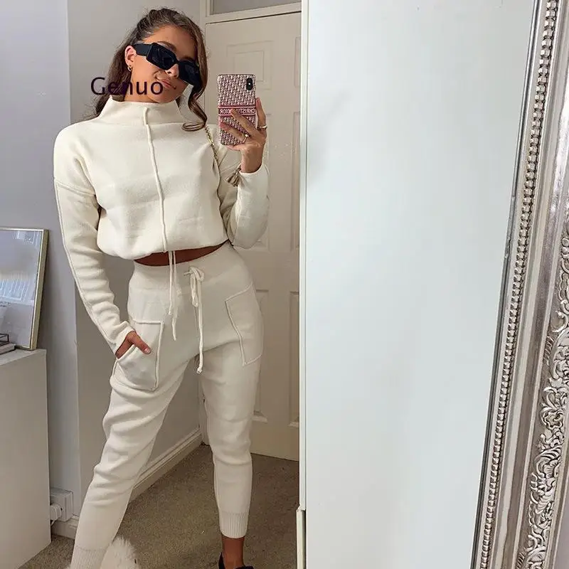 Patchwork Women 2 Piece Set Long Sleeve Sweatshirt Drawstring High Waist Sweatpants Tracksuit Sporty Autumn Winter