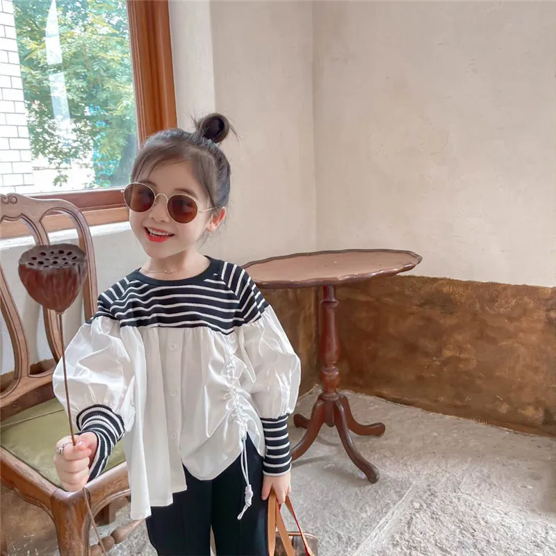 2021 Autumn New Children\'S Clothing Girls Korean Striped Stitching Top And Flared Pants Two-Piece Baby Kids Girls Clothes Suit