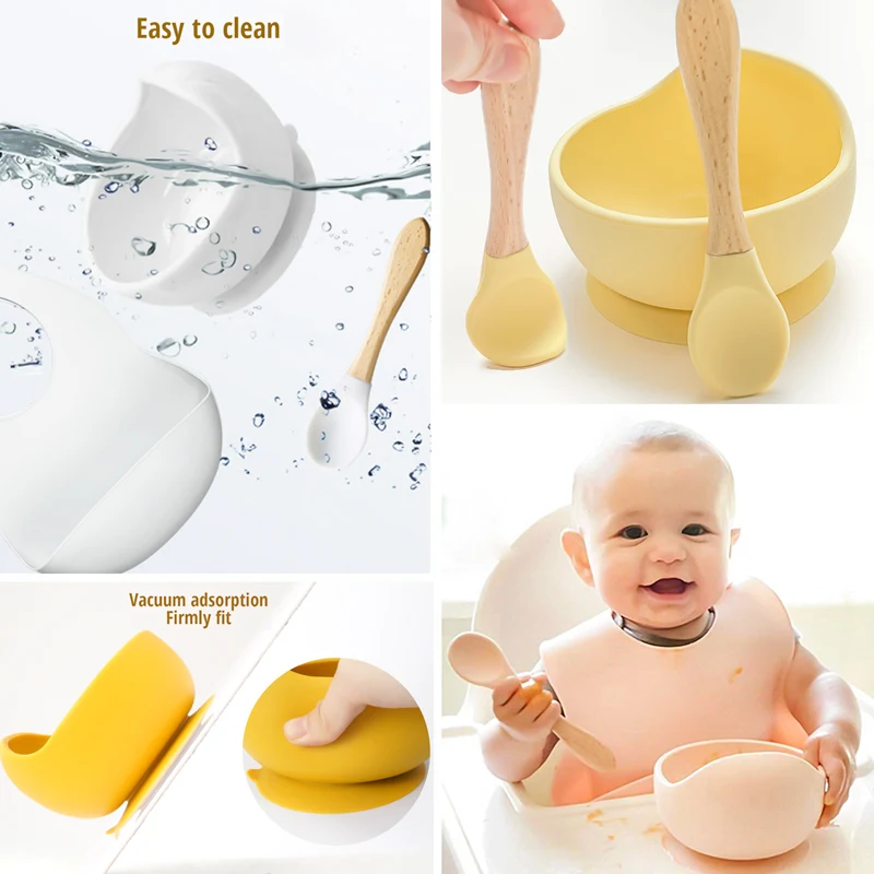 Children\'s Tableware Soild Food Training Waterproof Baby Bibs Infant Sucker Feeding Bowl And Wooden Handle Spoon Set Baby Stuff