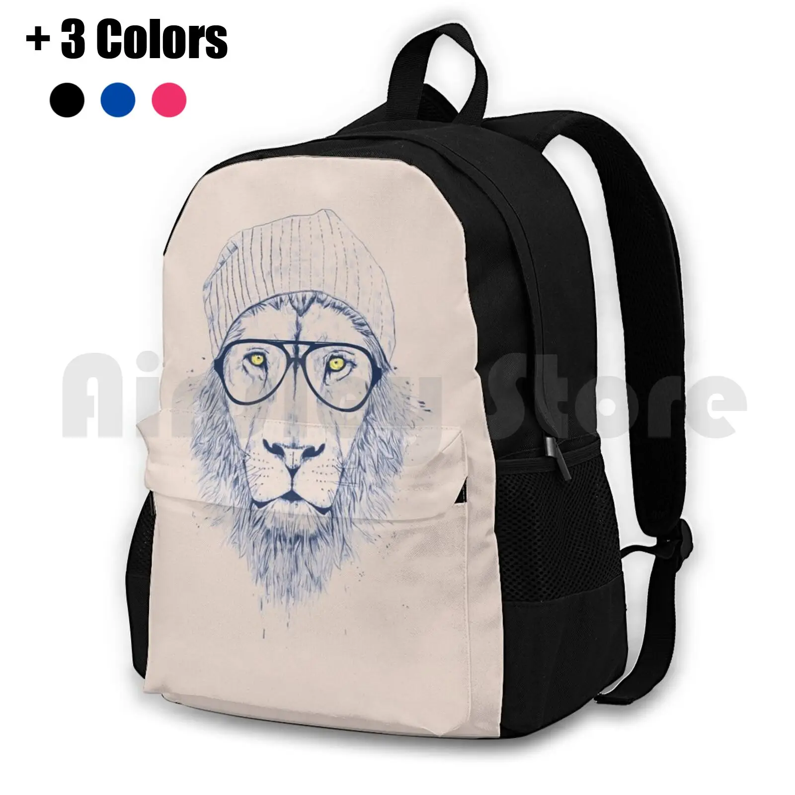 Cool Lion Outdoor Hiking Backpack Waterproof Camping Travel Animal Lion Glasses Hat Hipster Cool Humor Funny Balazs Solti