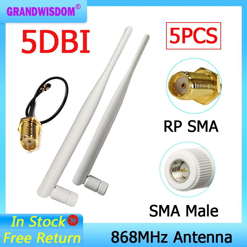 GRANDWISDOM 5pcs 868mhz antenna 5dbi sma male 915mhz lora antene module lorawan ipex 1 SMA female pigtail Extension Cable