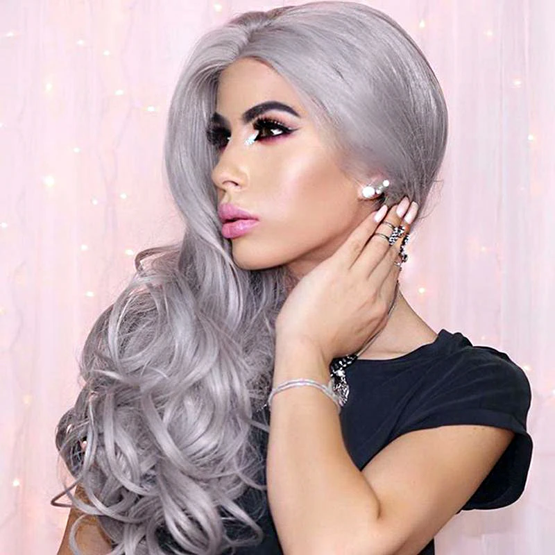 Long Silk Straight Lace Front Wigs Hair Wig  Gray Grey Curly Long Body Wave Side Part Frontal Glueless Cosplay Hair For Women