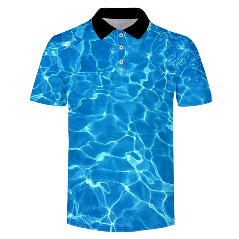 New 2021  Polo Homme Men's Shirt Water Club Printed Short Sleeve Polos Para Hombre Summer Breathable Blue Ripple Men Polo Shirt