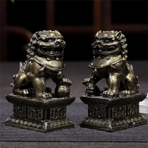 2Pcs Chinese Lions Buddha Statues Bronze Ornaments Man-made Jade Stone Fu Foo Dogs Sculpture Figurines Statues Home Decoration