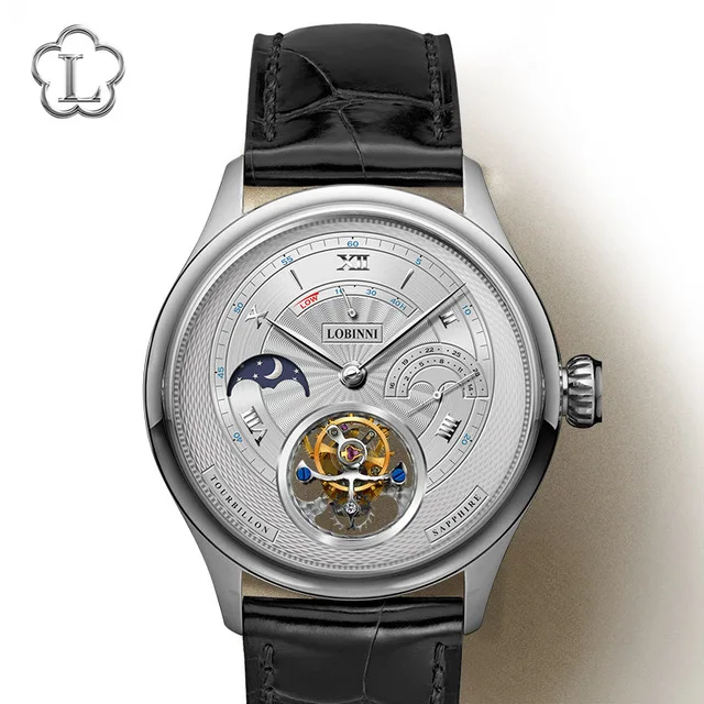 LOBINNI Men Tourbillon Watch Men Moonphase Watch Luxury Automatic Mechanical Wristwatch Sapphire Power Reserve Skeleton Dial