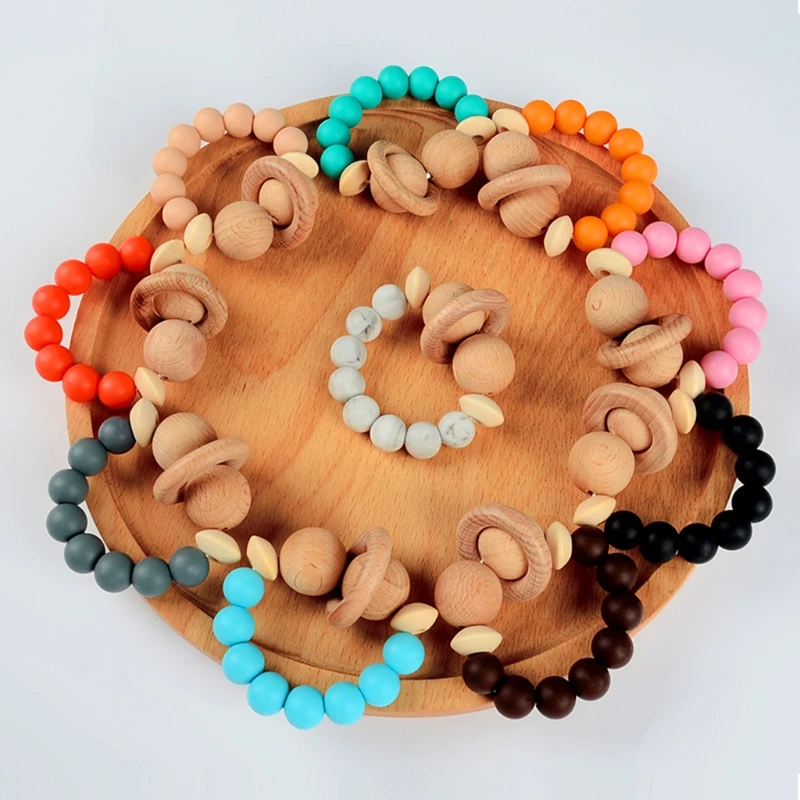 1Pc Wooden Beads Bracelet Silicone Teether Nursing Teething Baby Toys BPA Free DIY