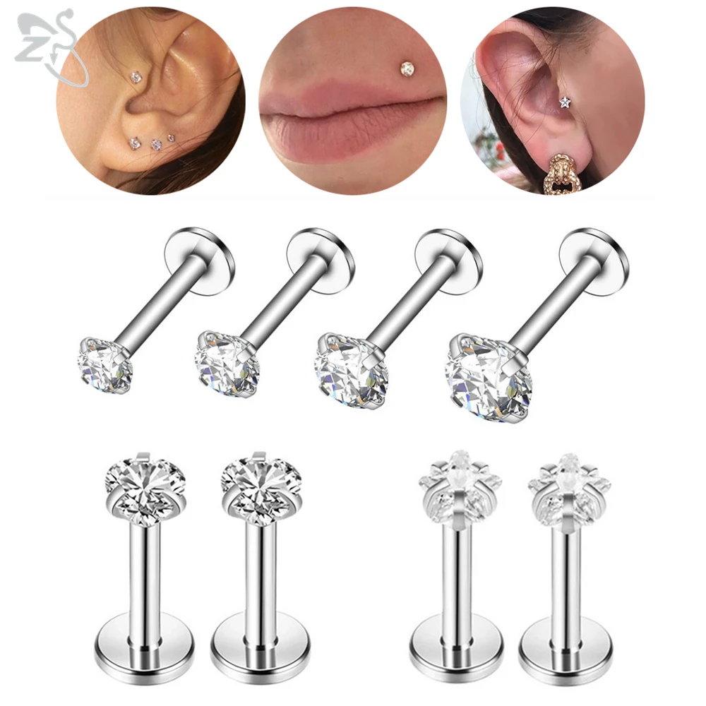 ZS 2pc/lot Round Zircon Stainless Steel Lip Ring 16g Labret Monore Medusa Piercings Star Ear Tragus Helix Piercing Jewelry 2-6mm