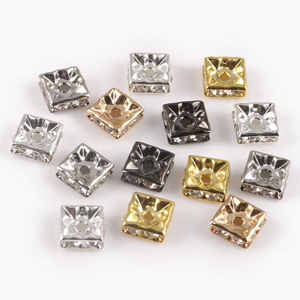 50Pcs 6/8/10mm Square Crystal Rhinestone Rondelle Spacer Beads For Jewelry Making DIY Bracelet Necklace Accessories Metal Beads