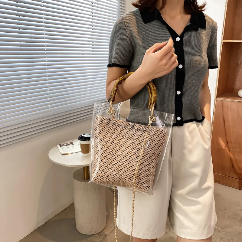 Bamboo Knot Design Handle Transparent Rattan Straw Crossbody Bags for Women 2021 Summer Fashion Chain Shoulder Handbags Totes