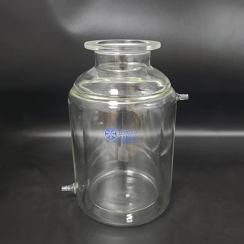 Double-layer cylindrical flat bottom open reactor bottle,Capacity 5000ml,150mm flange outer diameter,Reaction flask