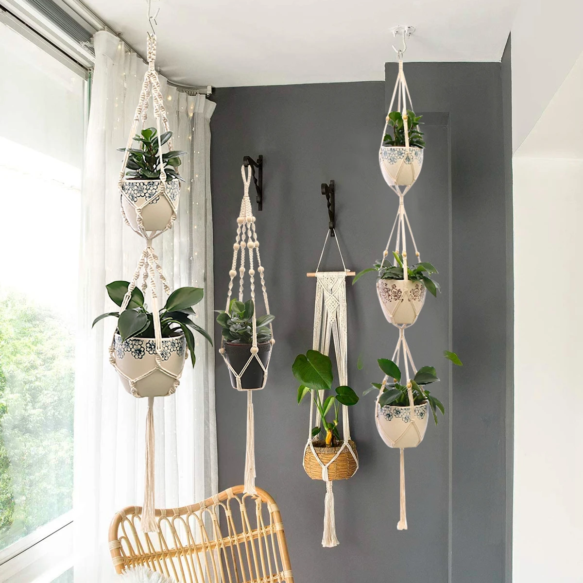 

Hand woven DIY cotton rope net pocket flowerpot Macrame plant hanging flowerpot hanging wall decoration courtyard garden