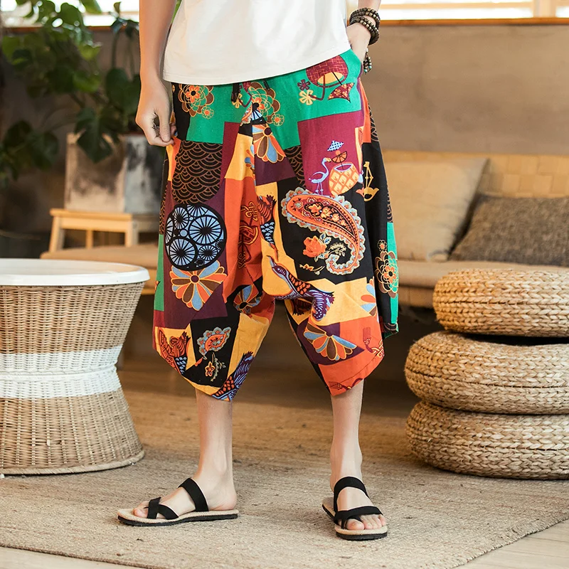 Men Wide Leg Pants Ethnic Cotton Joggers Retro Loose Trousers Thailand Vacation Linen Hawaii Male Big Crotch Nepal Print Pants