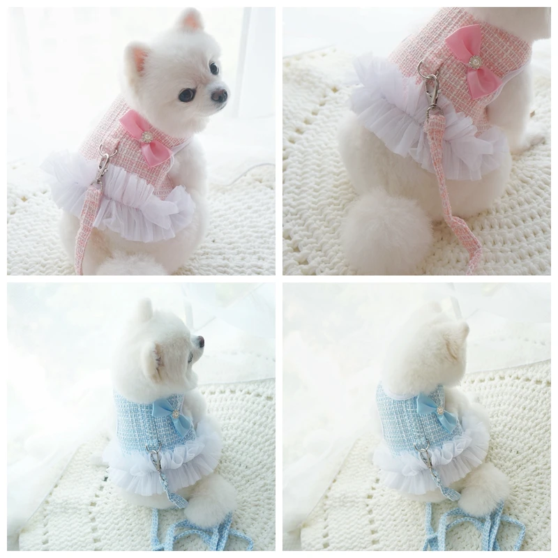 Bling Bowknots Pet Princess Harness Skirt Dresses Vest With Leash Set Dog Puppies Small Animal Cat Walking Lead Chihuahua Bichon