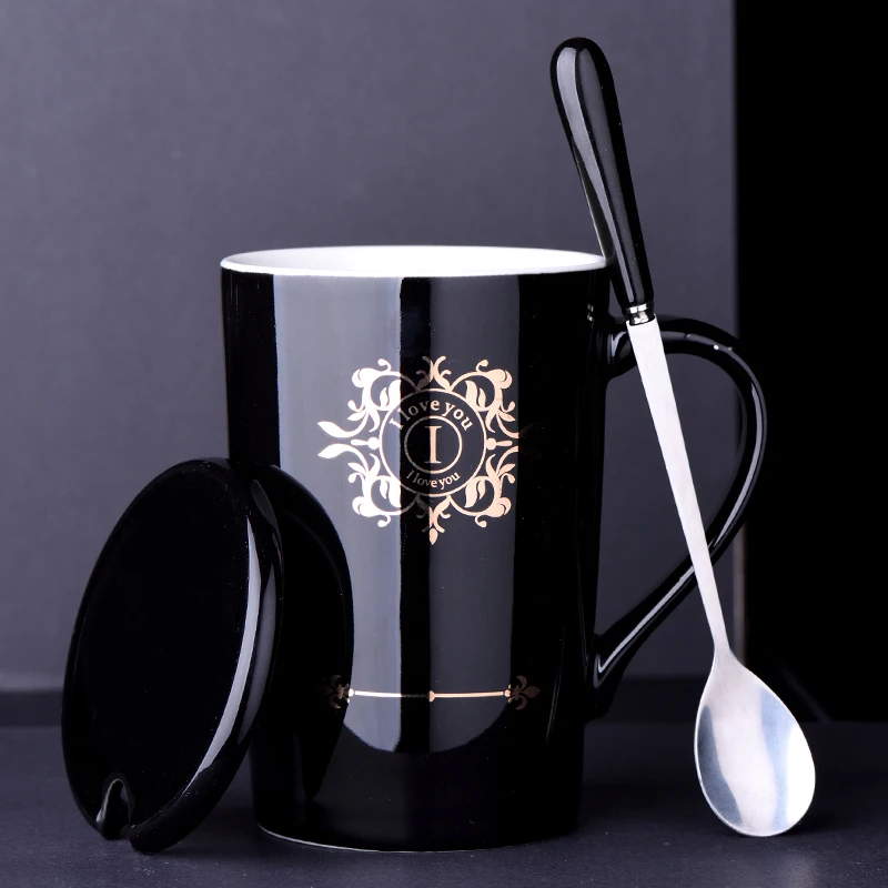 Simple Classic Black and White Coffee Mug Nordic Style Personality Pattern Creative Ceramic Mugs Spoon with Lid Couples Tea Cup