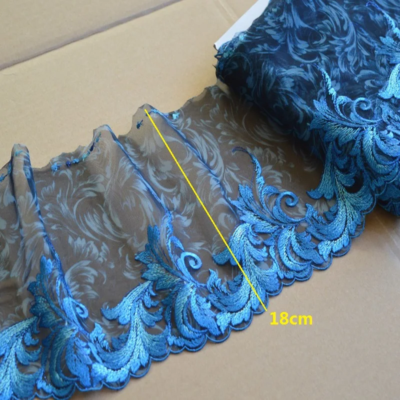 2-15Yds/Lot 18cm Wide Transparent Black Gazue Fluorescent Blue Wavy Style Embroidery High Quality Lace Trim For Garments,Wedding