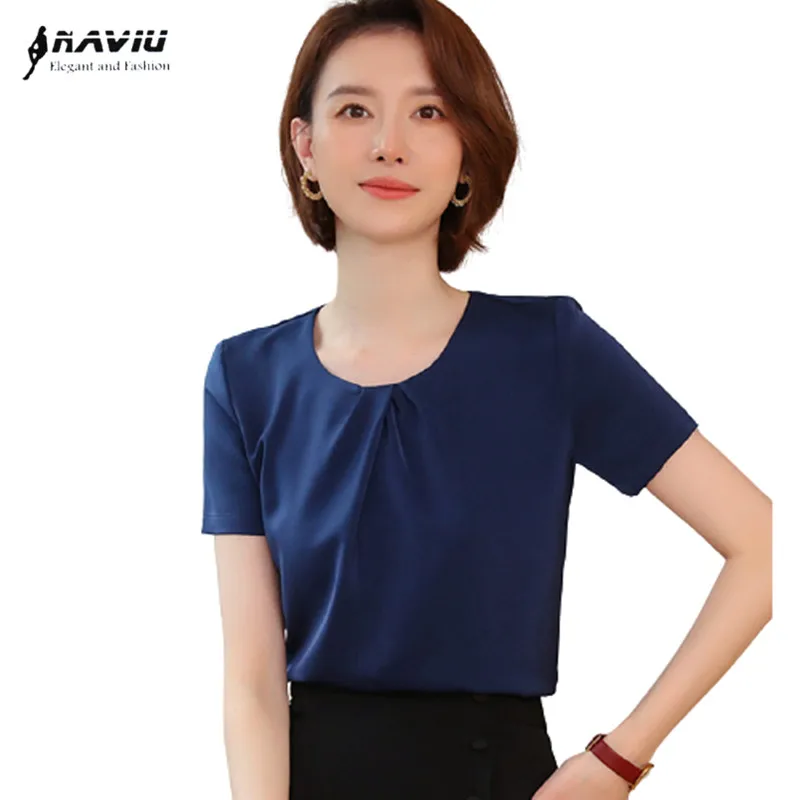 

Navy Blue Shirt Women Short Sleeve 2022 Summer New Temperament Fashion Design O Neck Chiffon Blouses Office Ladies Work Tops