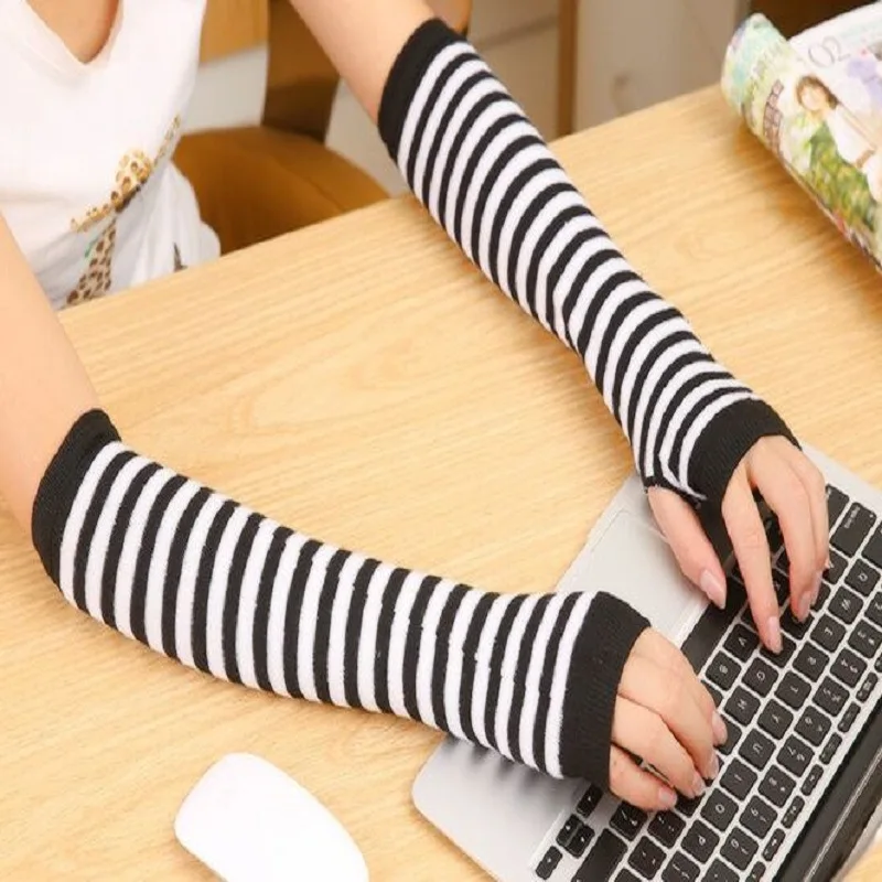 Fingerless Gloves Sleeve Anime Striped Elbow Glove Women Fishnet Sports Emo Mesh Oversleeve Long Keep Warm Sleeves