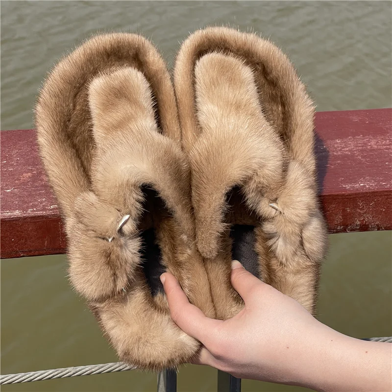 

Luxury 100% Real Mink Fur Slippers For Women Shoes Ladies Slippers Women's Casual Real Fur Slides Flip Flop Flat Femme Shoes