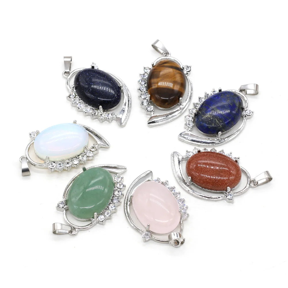 Fashion Natural Crystal Stone Pendant Oval Shape Charms Metal Alloy Pendant for Making Jewelry Necklace Accessories 25x40mm